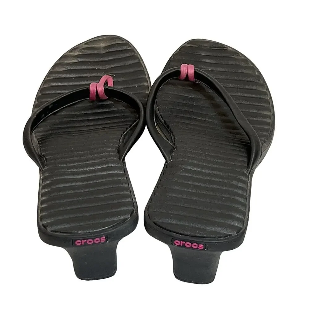 CROCS Sandals Women’s Size 10 Black Pink Cabana Wedge Flip Flop‎